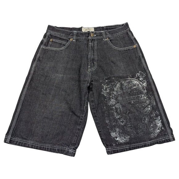 VTG Y2K Rich Kids RK Denim Jeans Co‎ Baggy Shorts Black White Men’s Size 36x13.5 - Picture 2 of 12
